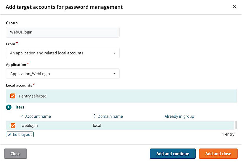 Screen shot of the Add Target Accounts for Password Management dialog box